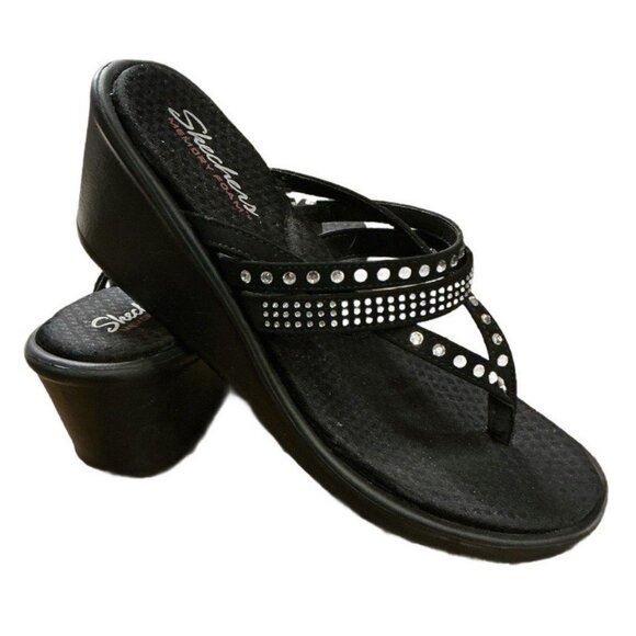 Skechers Shoes - Skechers Women's Black Rhinestone Wedge Flip Flop Sandals Memory Foam Size 9
